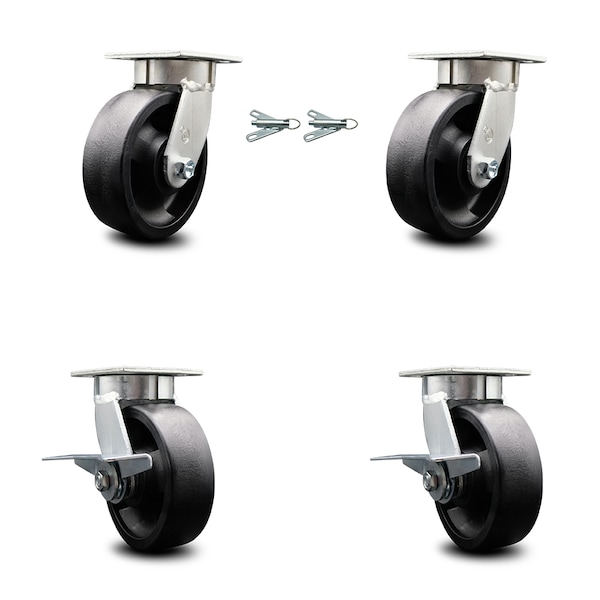 6 Inch Kingpinless Glass Filled Nylon Wheel Caster Swivel Locks 2 Brakes, 2PK